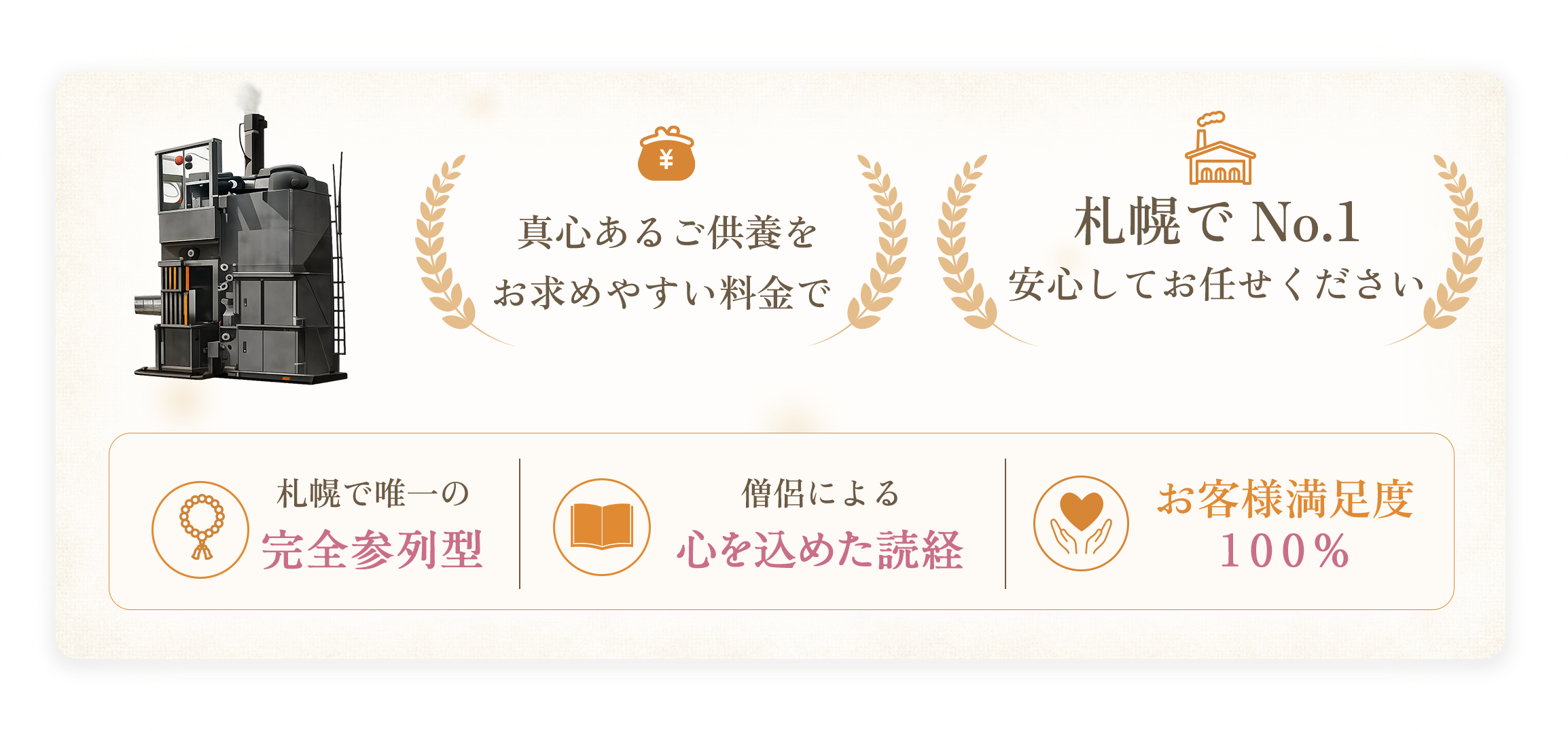 真心あるご供養をお求めやすい料金で。札幌でNo.1 安心してお任せください。札幌で唯一の完全参列型／僧侶による心を込めた読経／お客様満足度100%